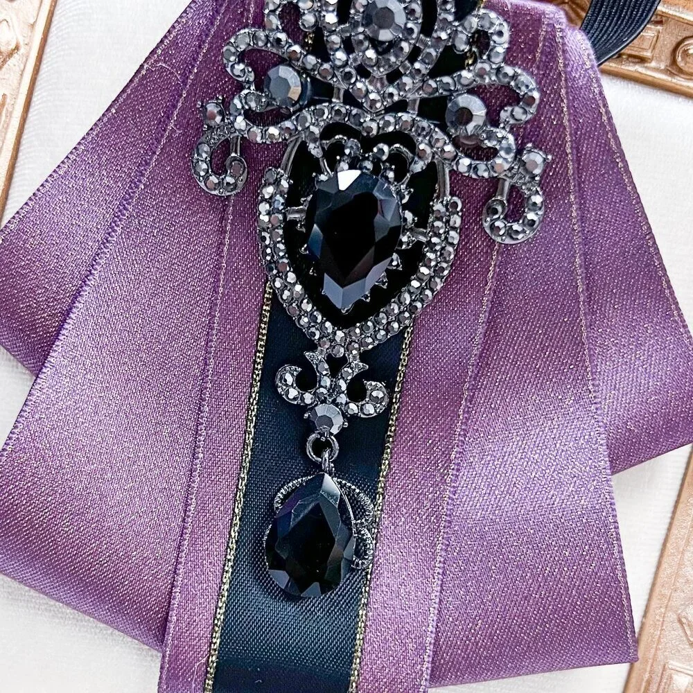 Purple crystal bowtie, Kid's Necktie, Black Crystal Brooch, Kids Size, 2 in 1